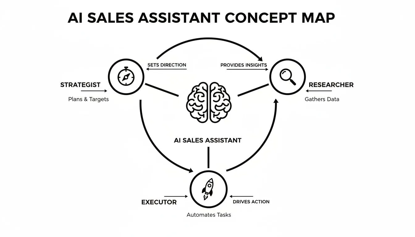 Concept map illustrating the workflow of an AI sales assistant connecting strategist, researcher, and executor roles.