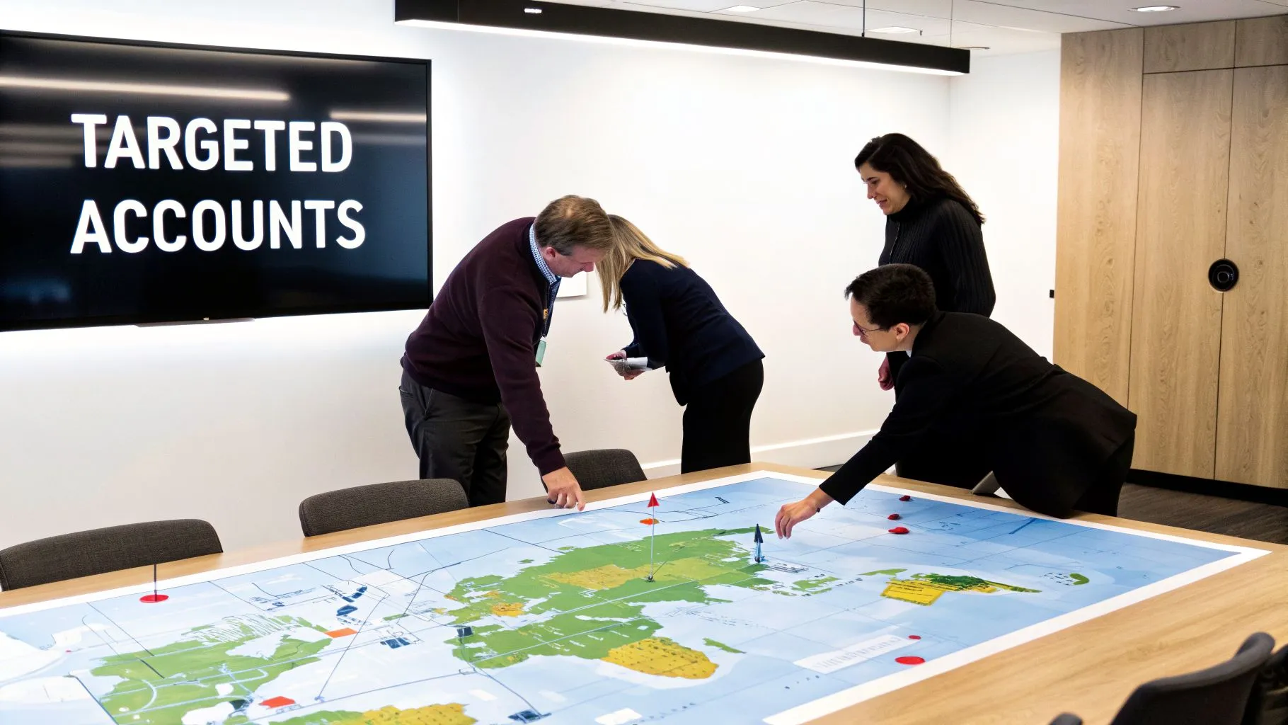 Professionals collaborate around a large world map on a table, with a 'Targeted Accounts' screen.