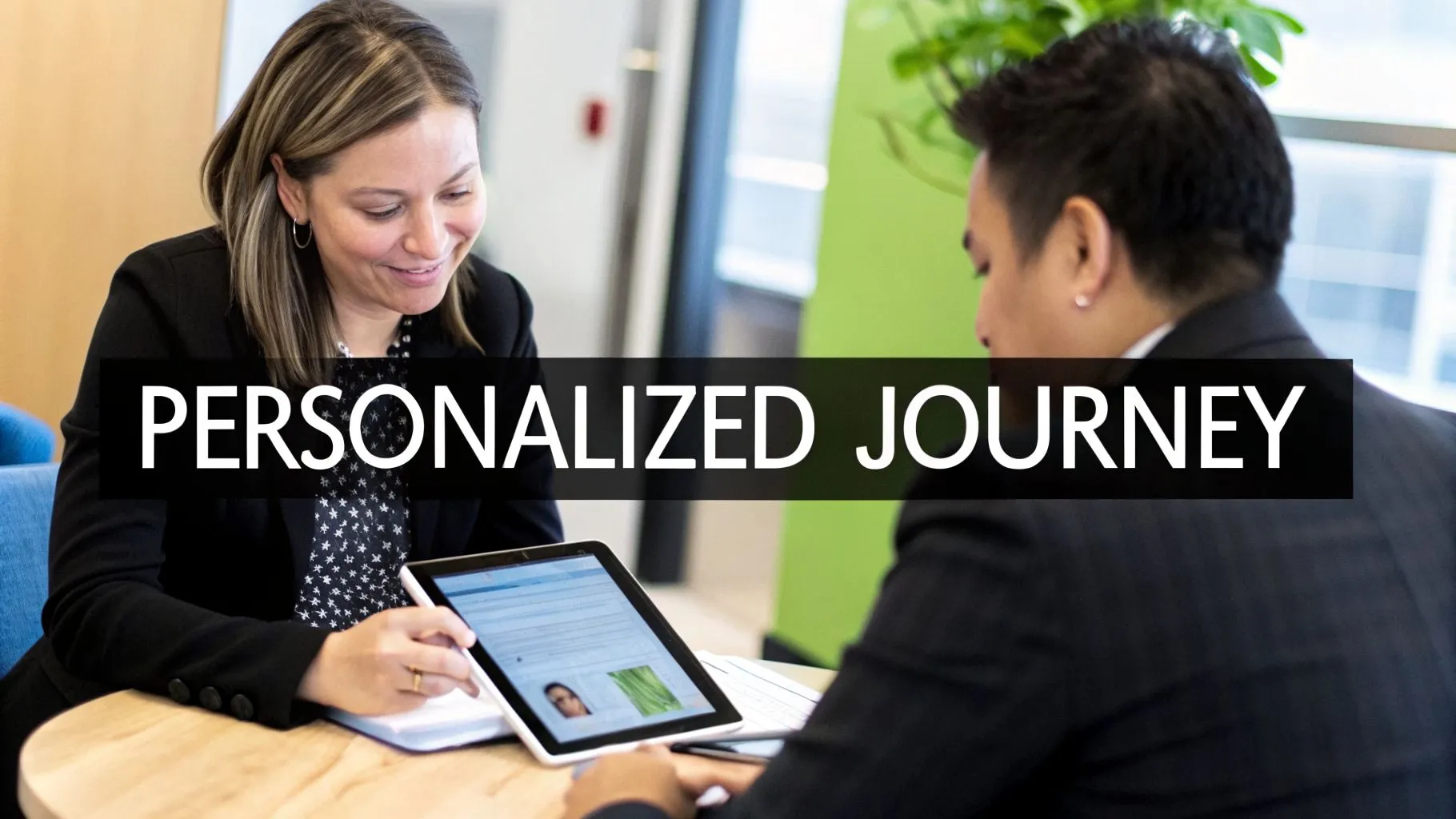 Two professionals discuss a personalized plan on a tablet, focusing on client solutions and tailored journeys.