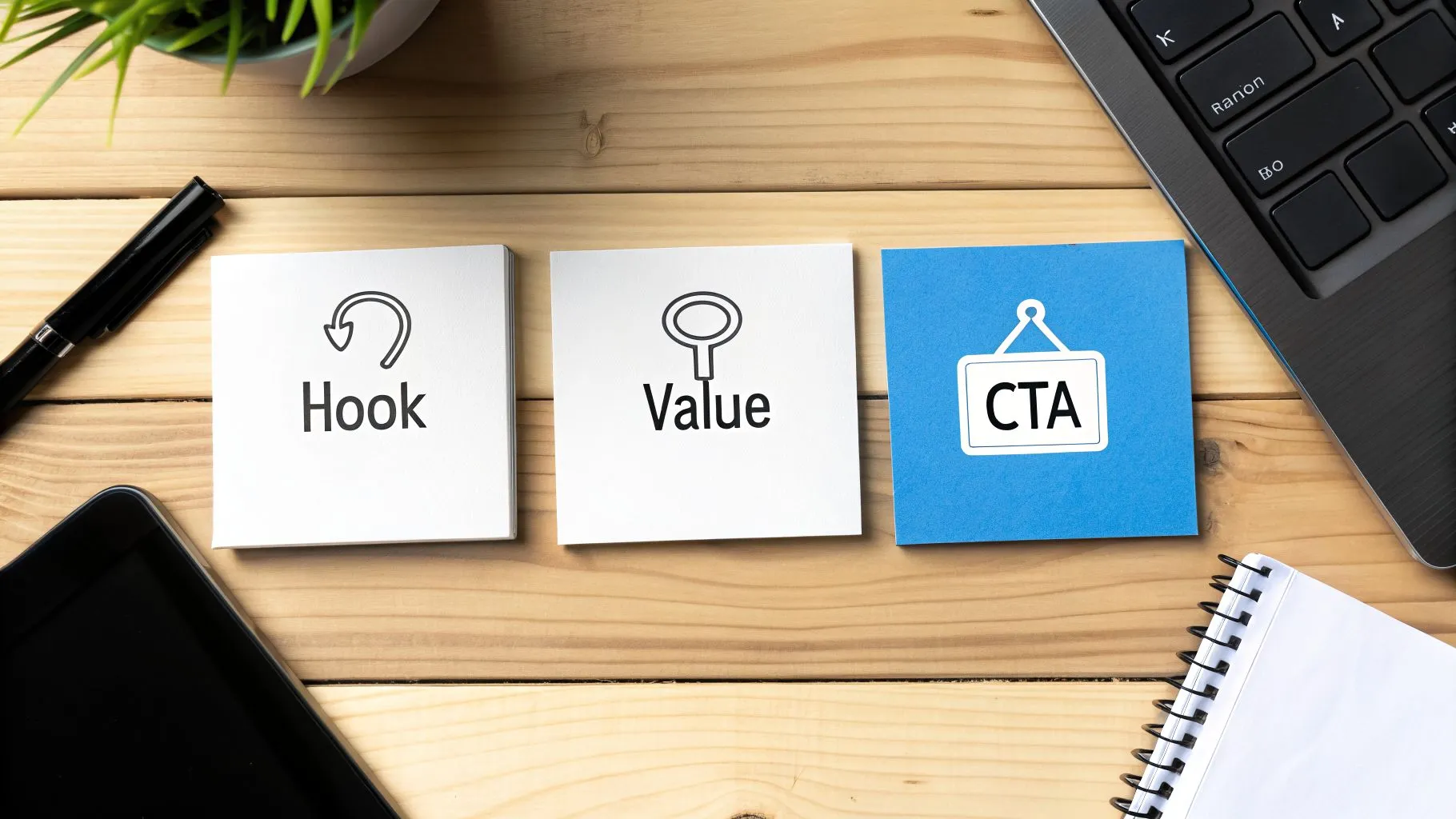 Three sticky notes on a wooden desk displaying 'Hook', 'Value', and 'CTA' for a marketing concept.
