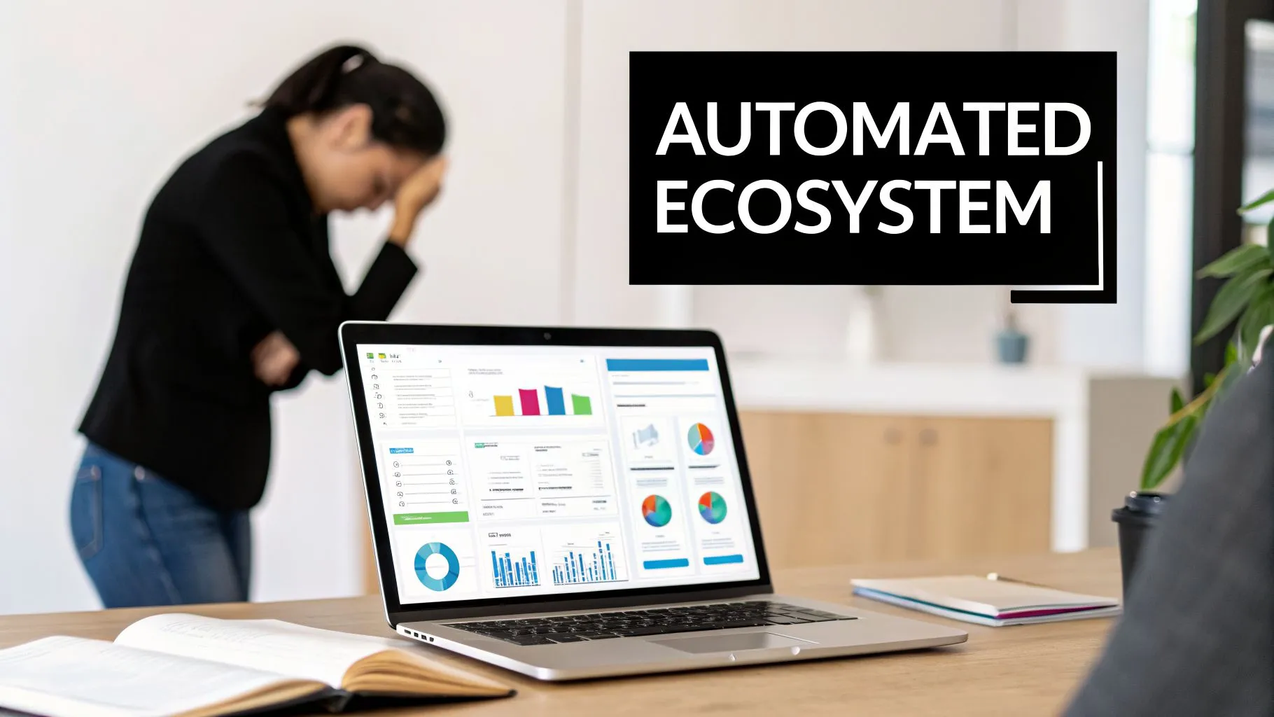 Stressed woman next to a laptop displaying a busy data dashboard and charts.