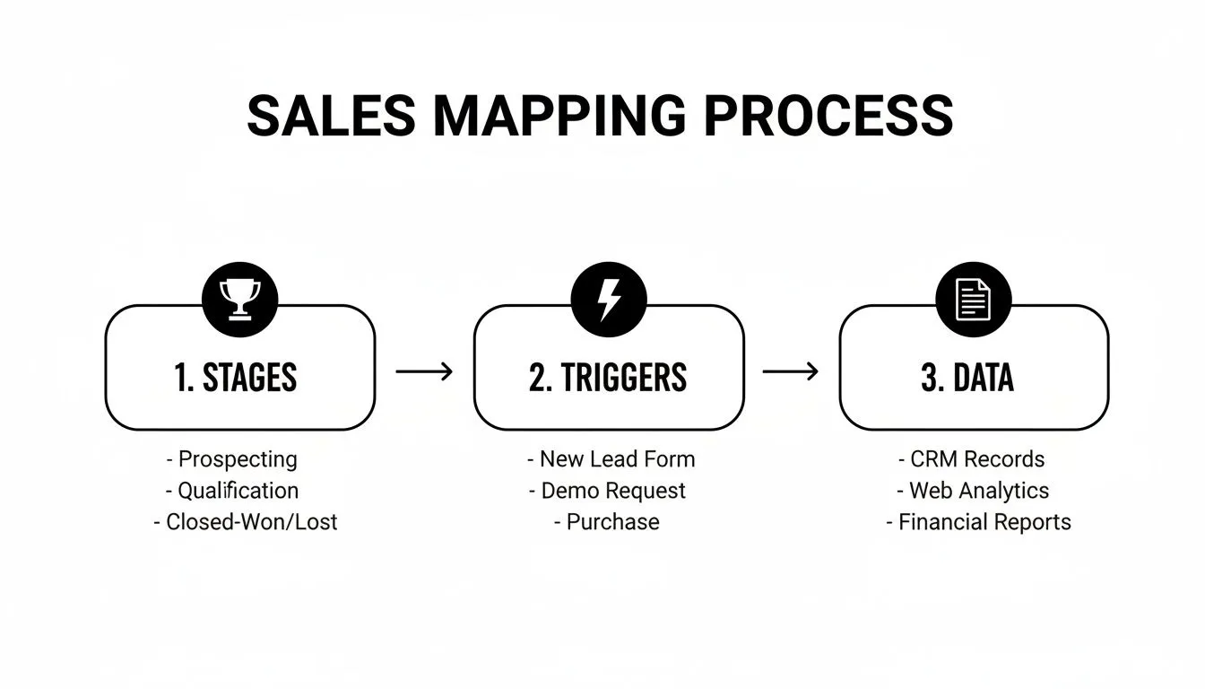 A diagram outlining the Sales Mapping Process, detailing stages, triggers, and data points.