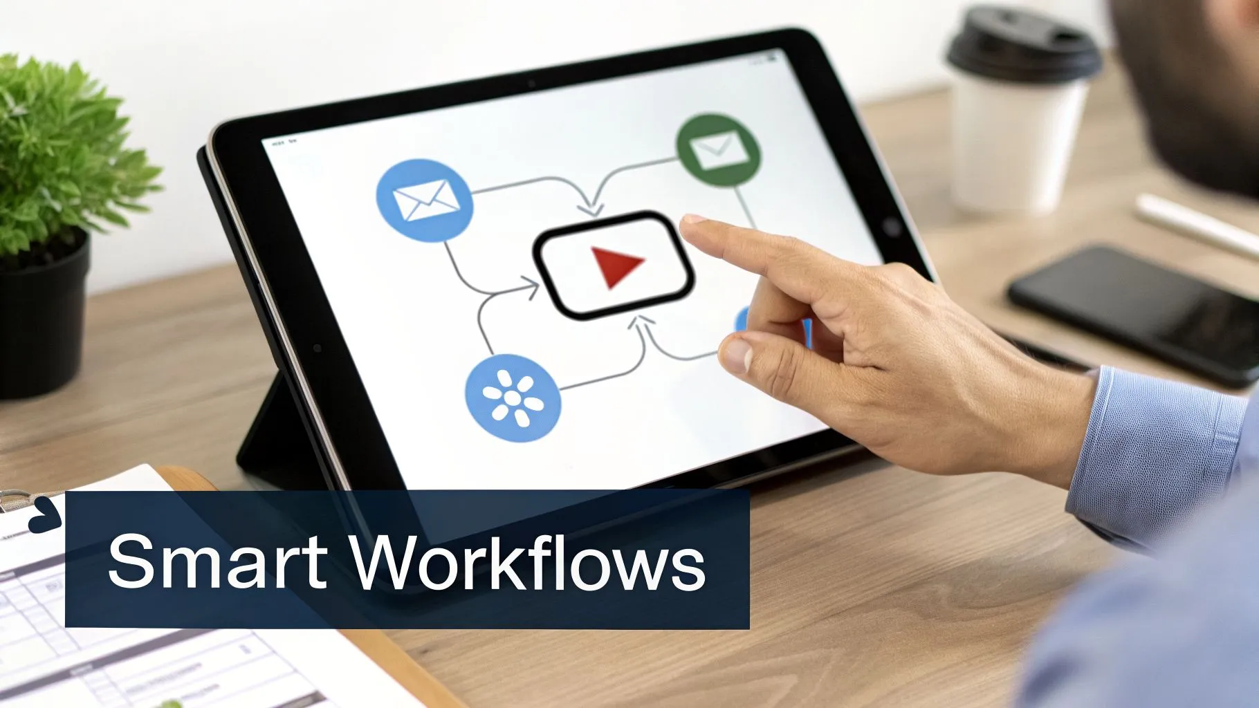 Person interacting with a tablet displaying a smart workflow diagram, including email and video icons.