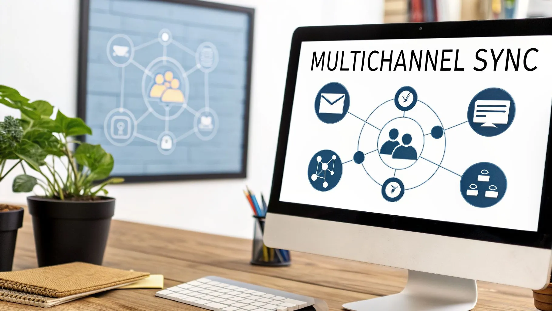 Desktop computer screen displays 'MULTICHANNEL SYNC' with a diagram of interconnected digital services and users.