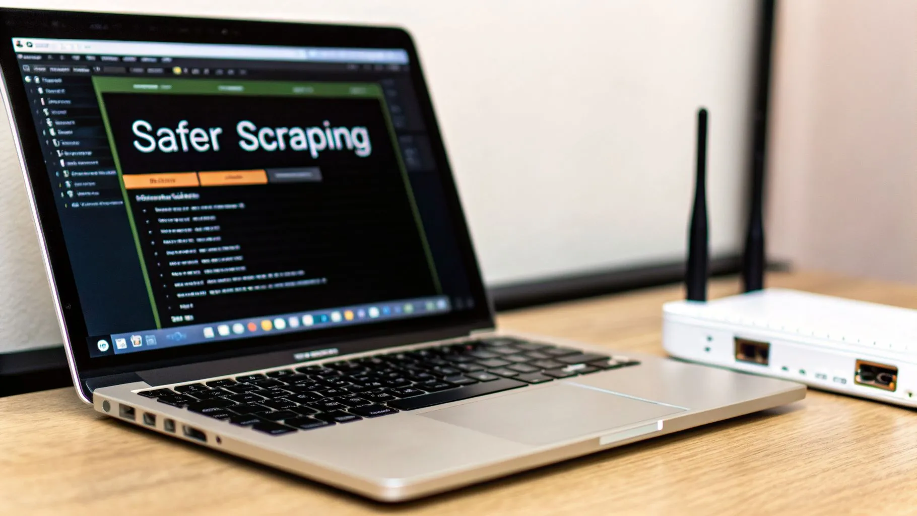 A laptop displaying "Safer Scraping" on its screen next to a white Wi-Fi router on a wooden desk.