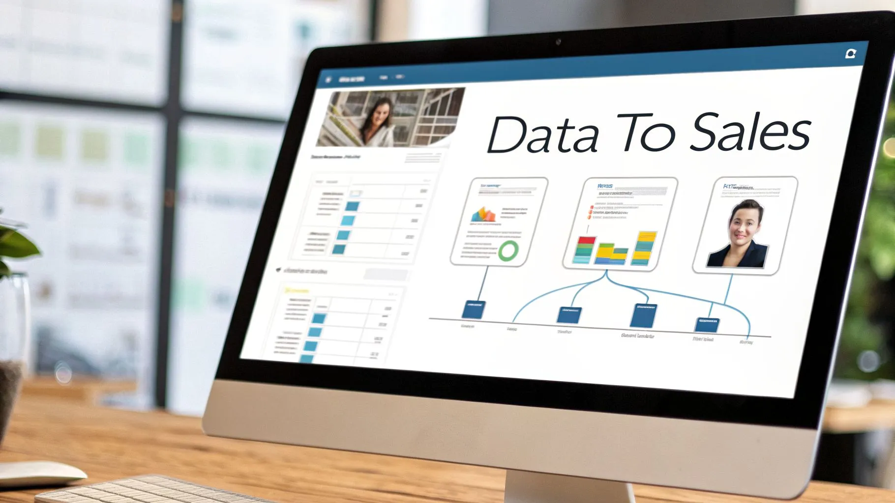 A computer monitor displays a 'Data To Sales' presentation with charts, data visualizations, and business profiles on a wooden desk.