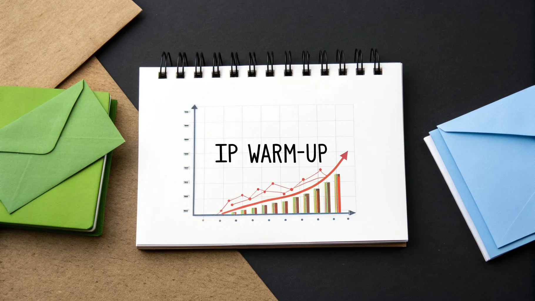 A spiral notebook displays a graph with an 'IP WARM-UP' title and an upward trending line, surrounded by green and blue envelopes on a two-tone background.