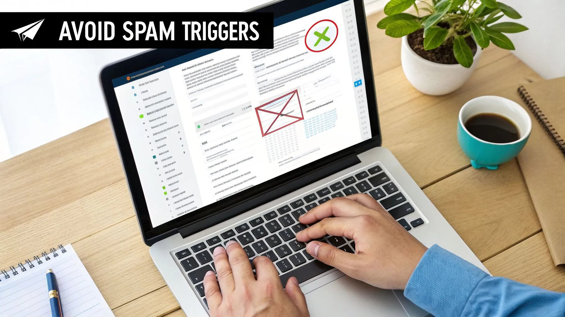 Person typing on a laptop showing 'AVOID SPAM TRIGGERS' banner and email deliverability issues.