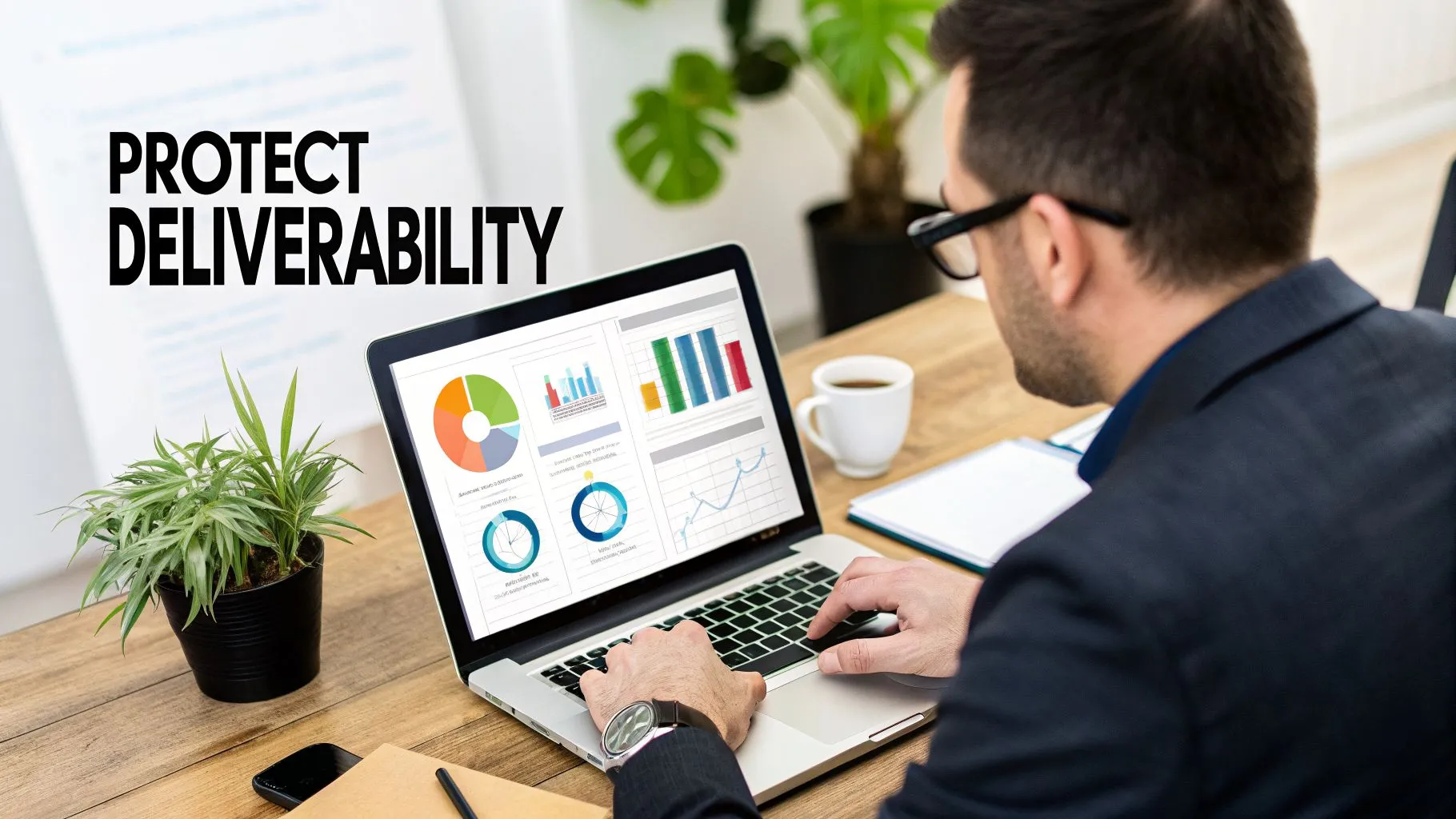 A man in glasses works on a laptop displaying data charts, with 'PROTECT DELIVERABILITY' visible.