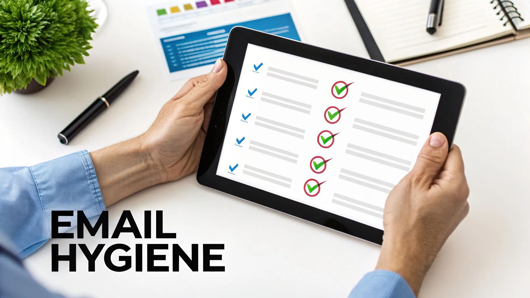 A person holds a tablet displaying a digital checklist with multiple green checkmarks, emphasizing email hygiene.