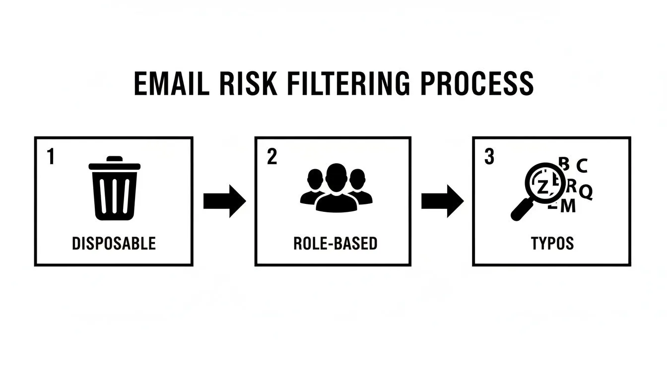 Diagram illustrating a three-step email risk filtering process: disposable, role-based, and typos checks.
