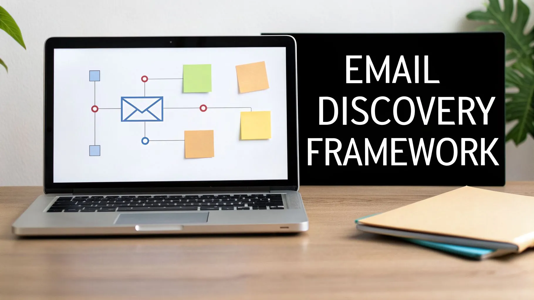 Laptop displaying an email process diagram with sticky notes, beside a 'Email Discovery Framework' sign.