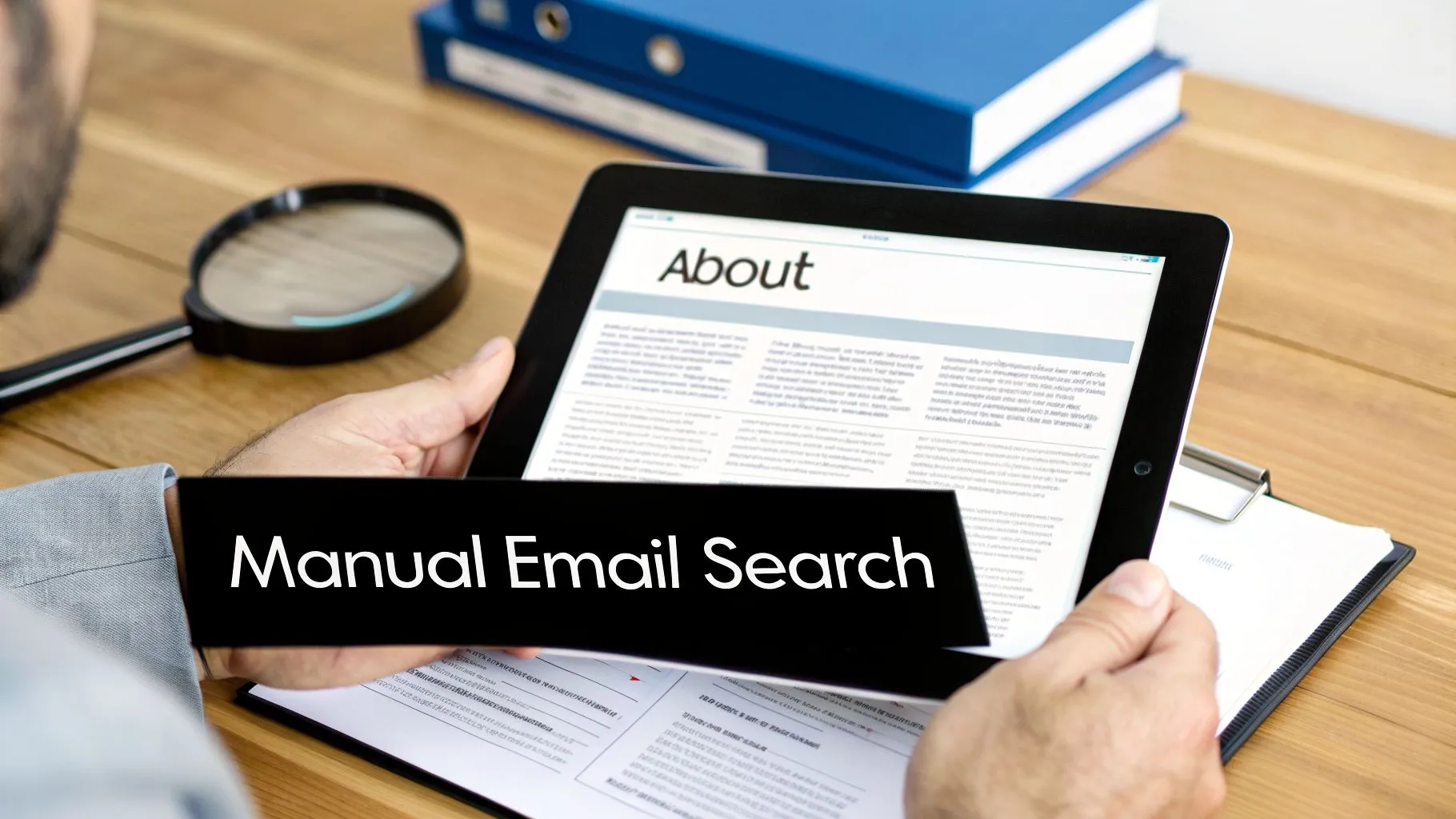 A person holds a tablet displaying an 'About' page, with a 'Manual Email Search' banner overlay.