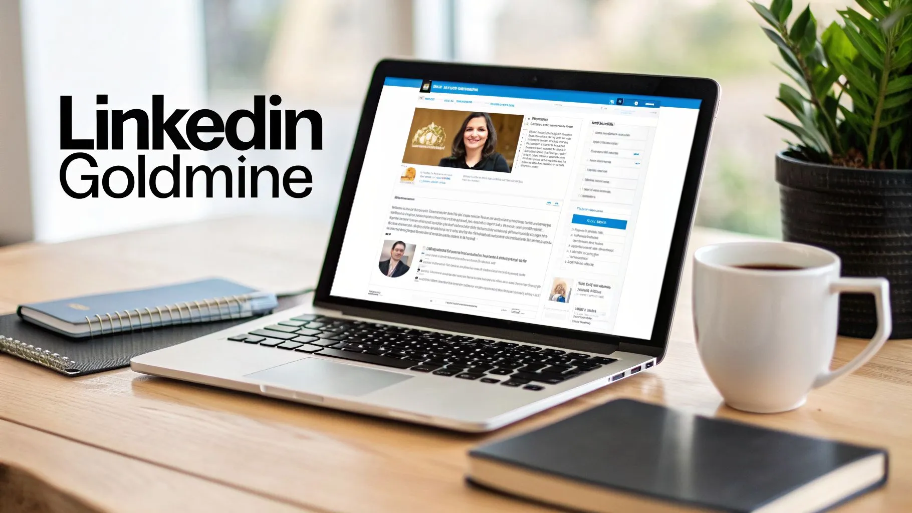 A laptop displaying a LinkedIn profile on a wooden desk with notebooks, coffee, and 'LinkedIn Goldmine' text.