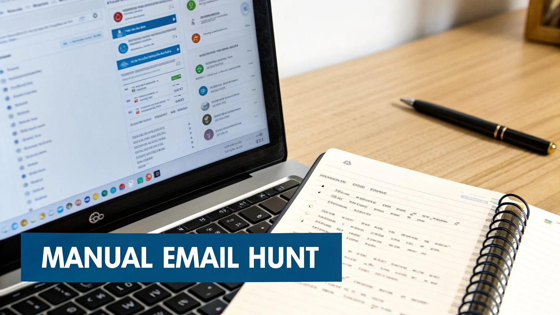 Laptop showing an email client, a notebook, and a pen on a wooden desk with 'Manual Email Hunt' text.