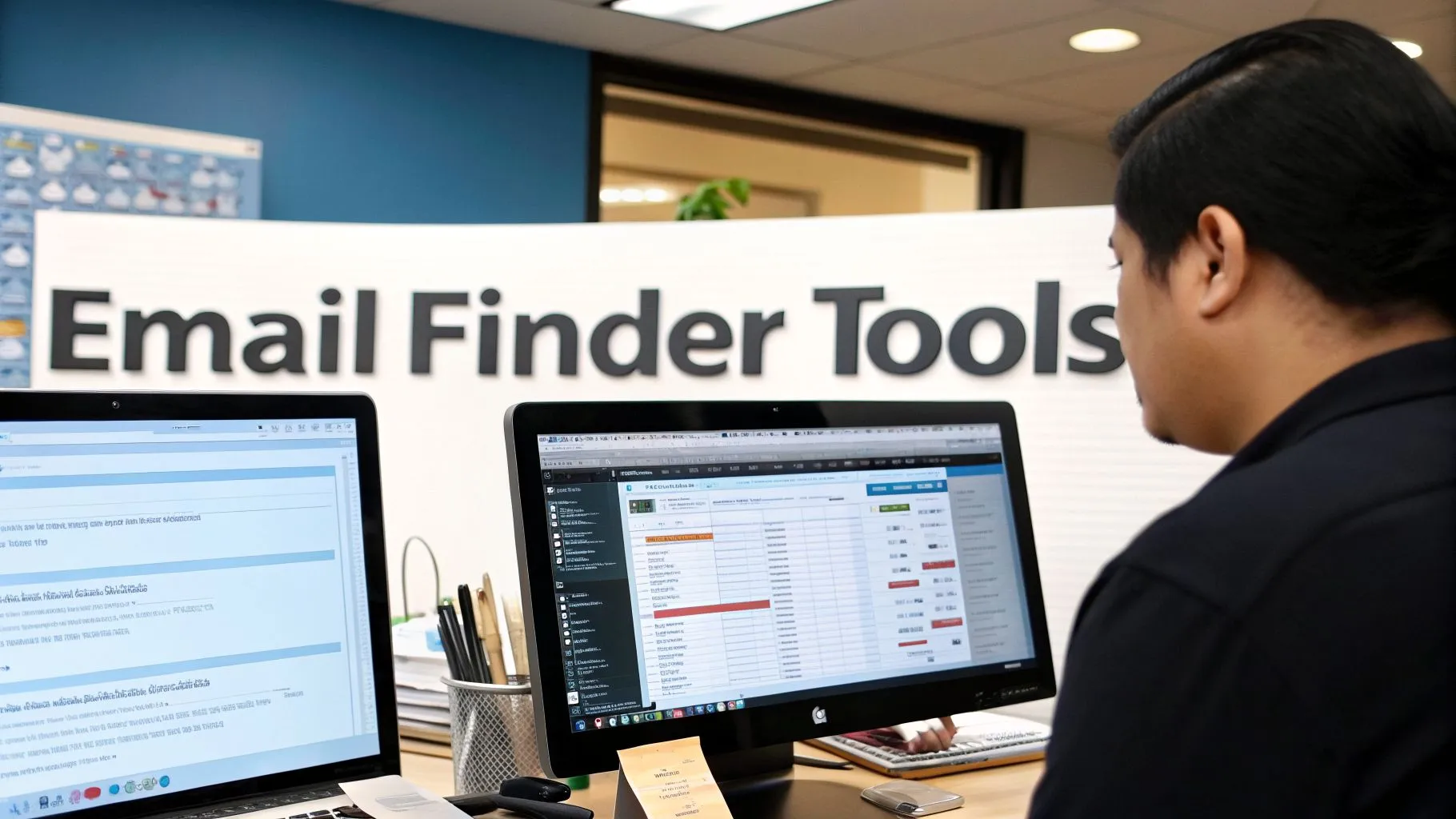 A person uses two computers in an office, with a prominent 'Email Finder Tools' sign in the background.