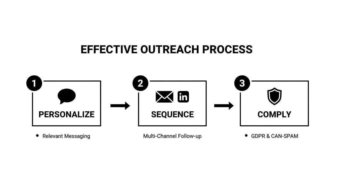 Diagram illustrating an effective outreach process with steps: Personalize, Sequence, and Comply.