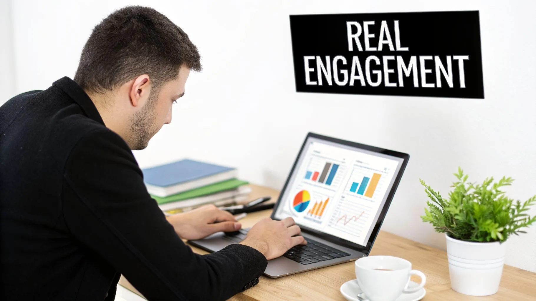 A man focused on data analysis on a laptop, with a "REAL ENGAGEMENT" sign overhead.