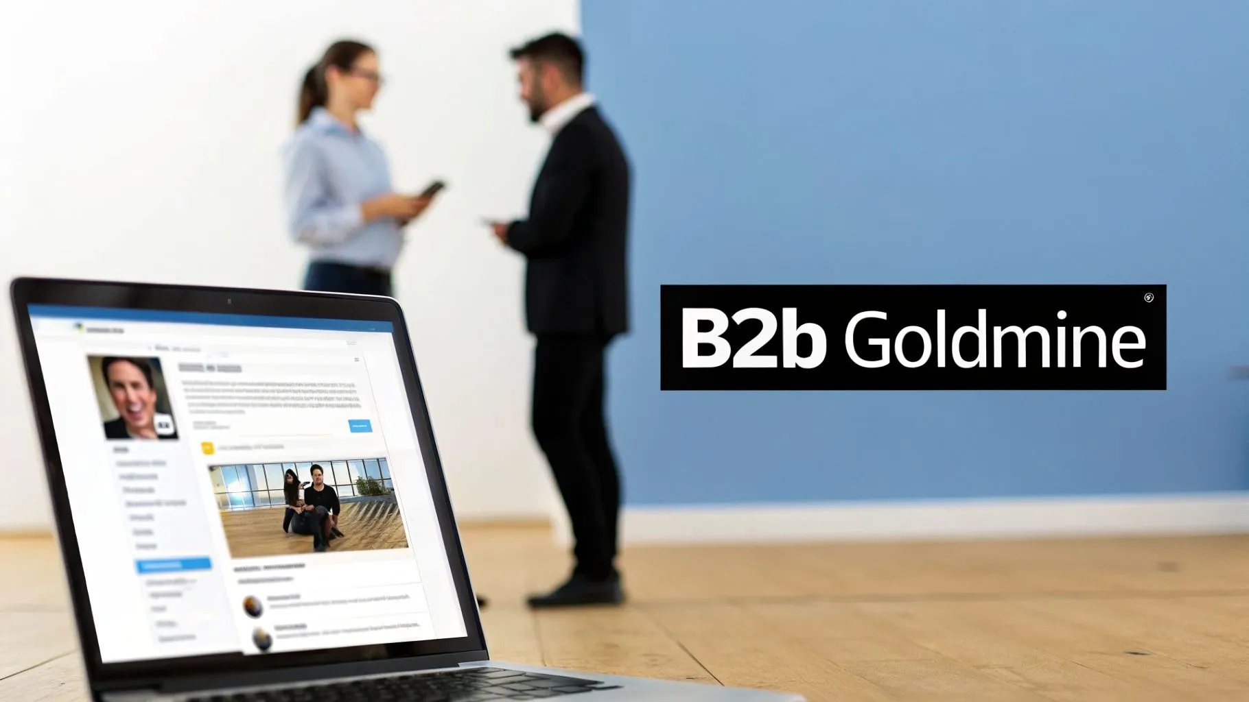 A laptop displays a B2b Goldmine social media profile, with two business professionals conversing behind it.