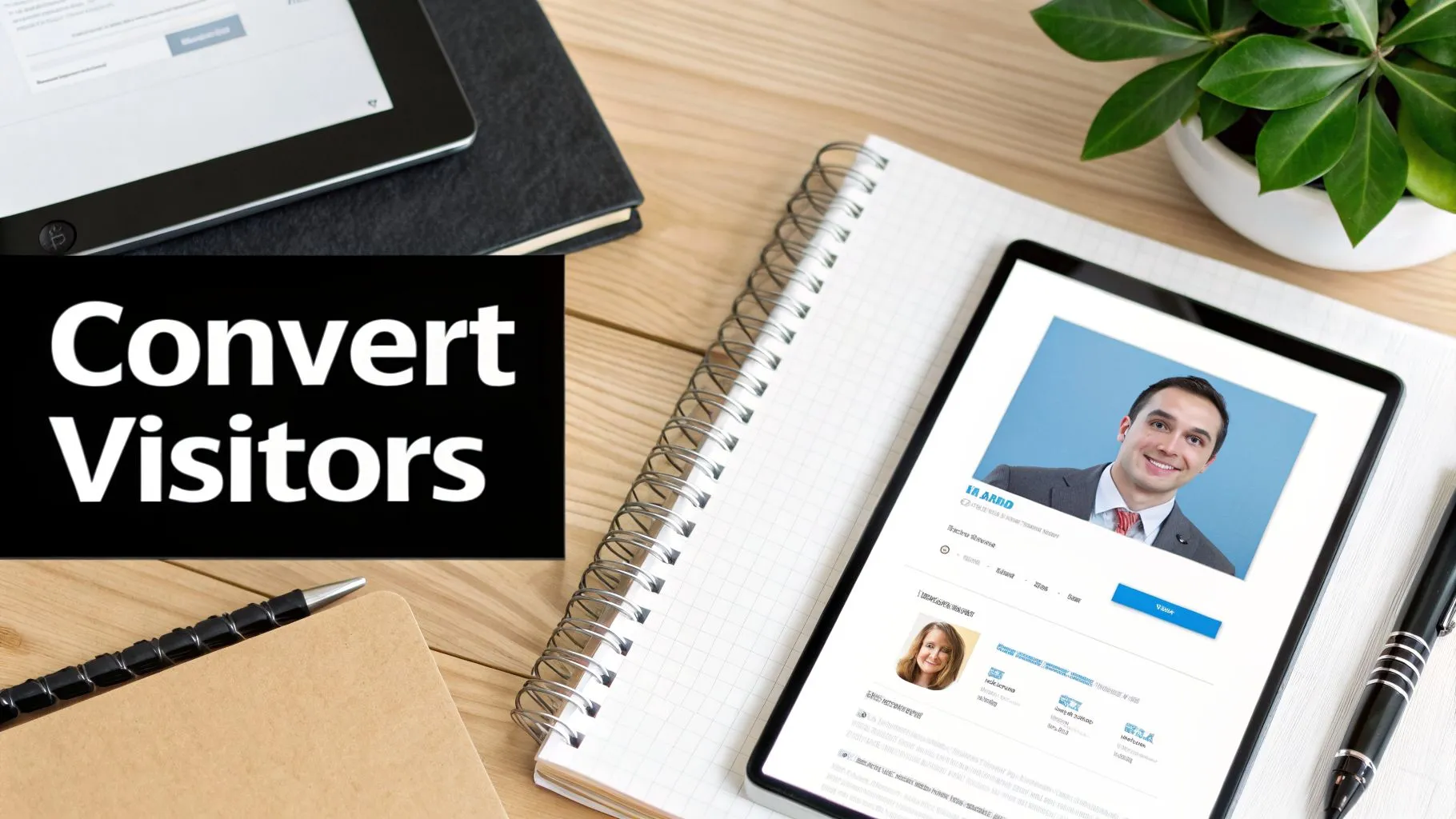 A desk setup with two tablets, one displaying a LinkedIn profile, alongside a notebook and a plant. Text overlay reads 'Convert Visitors'.