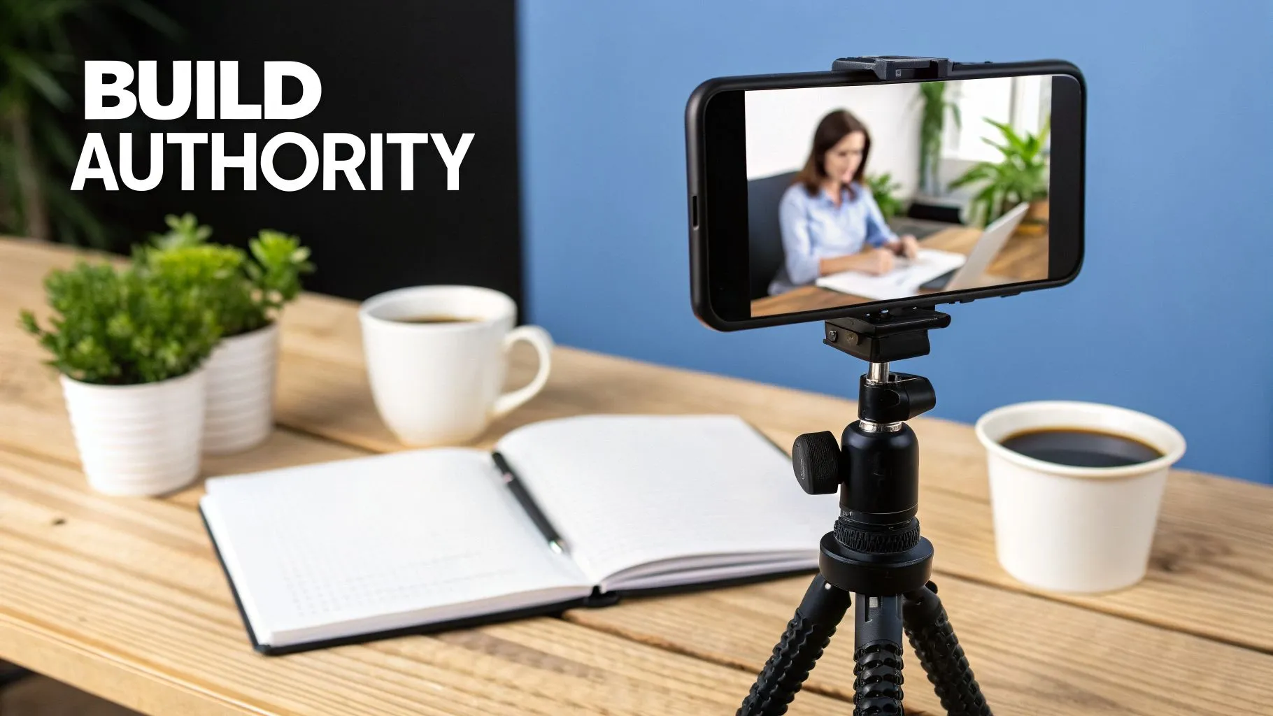 A smartphone on a tripod records a woman working on a laptop, emphasizing building authority online.