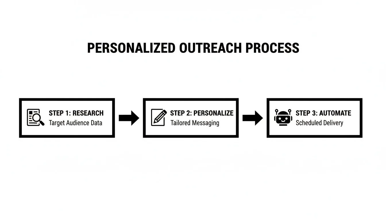 Flowchart illustrating the three-step personalized outreach process: research, personalize, and automate.