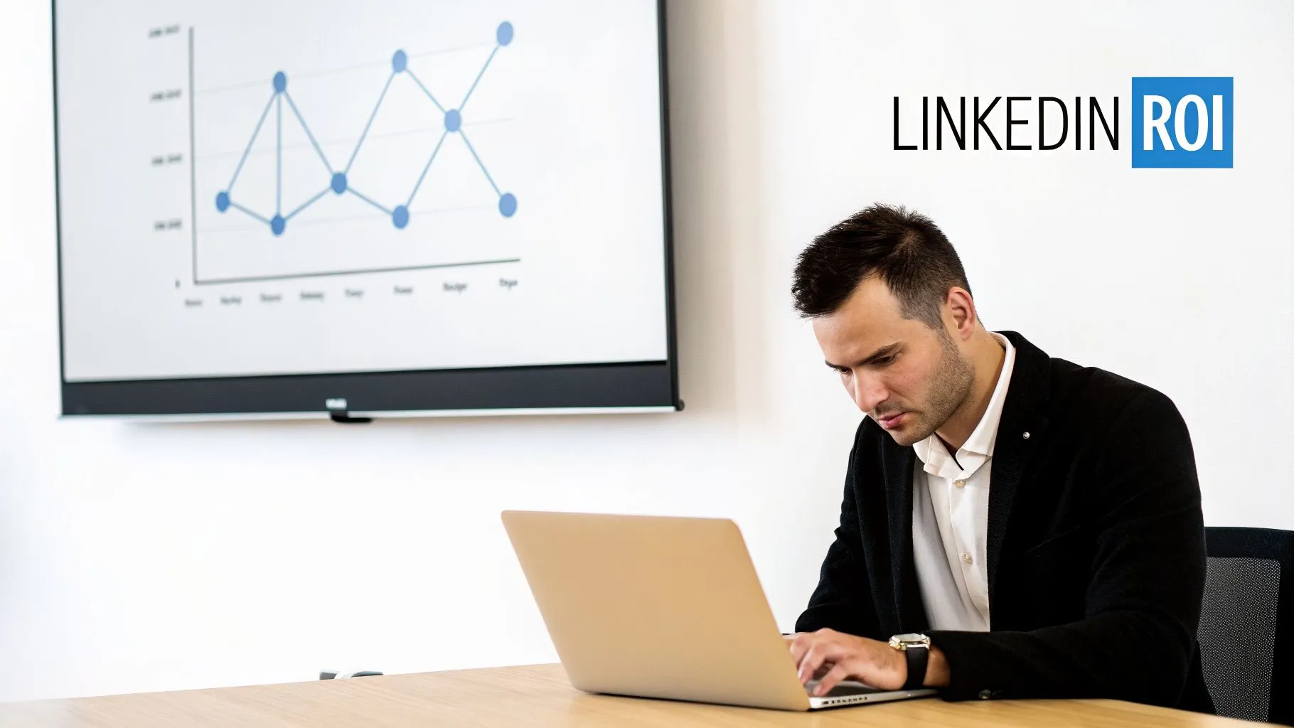 Man working on laptop with a line graph and 'LinkedIn ROI' on screen in a meeting room.