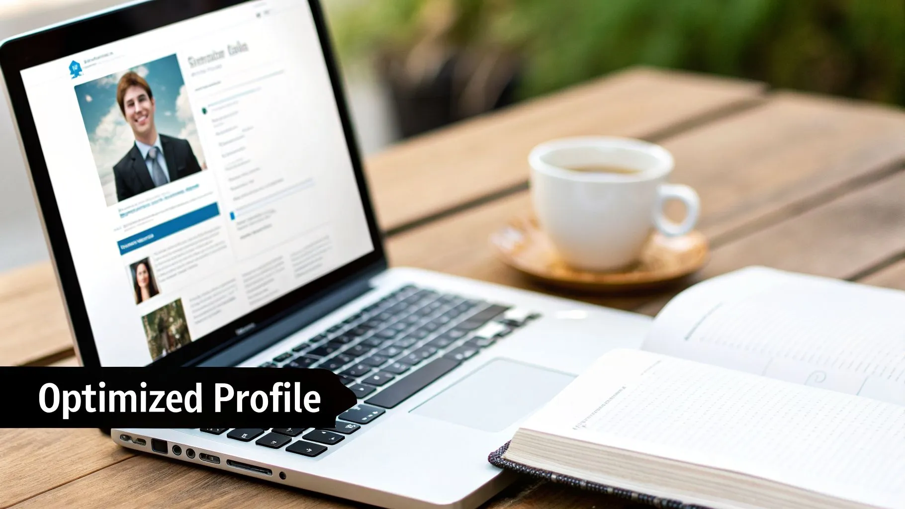 A laptop shows a professional profile with a smiling man, accompanied by a coffee cup and an open book.