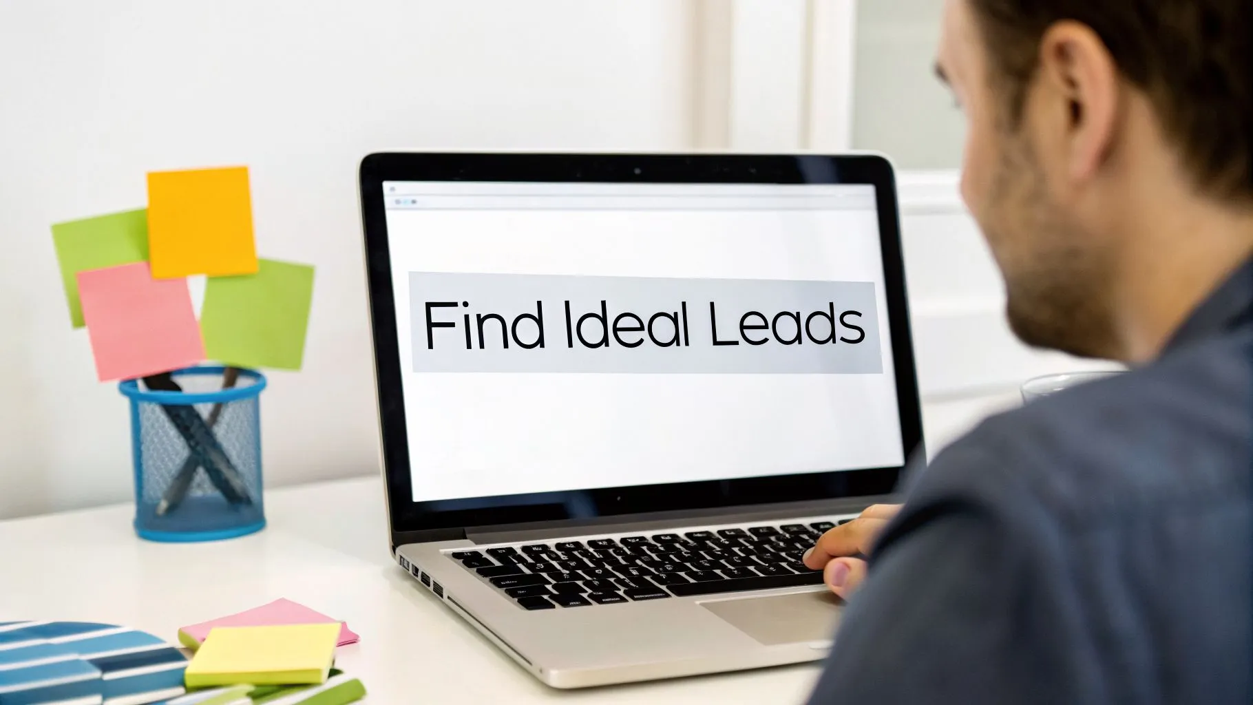 Man finding ideal leads on a laptop, surrounded by colorful sticky notes on a desk.