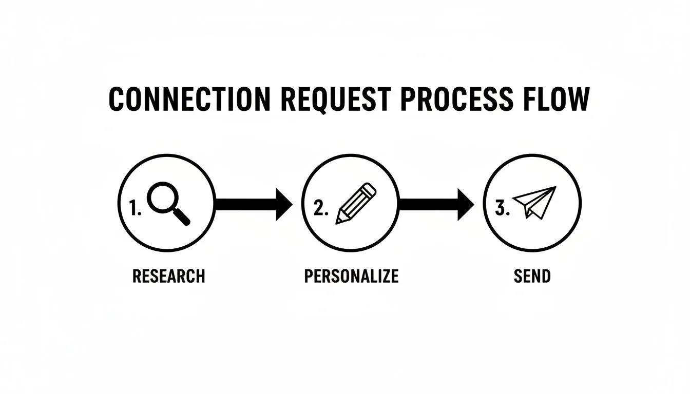 A three-step connection request process flow diagram with icons for research, personalize, and send.