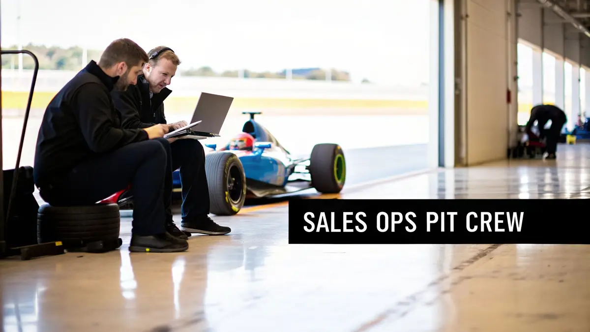 Two Sales Ops pit crew members collaborate on laptops in a pit lane with a race car.