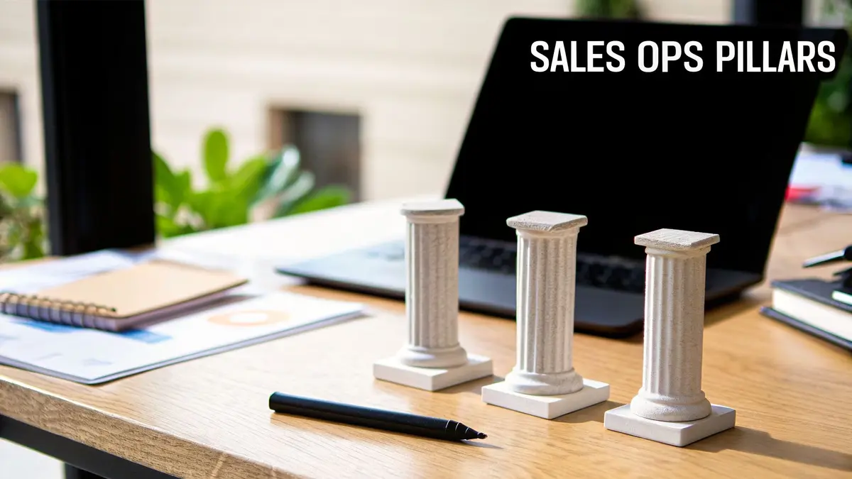 Three decorative pillars, a laptop, and a pen on a wooden desk, symbolizing sales operations.
