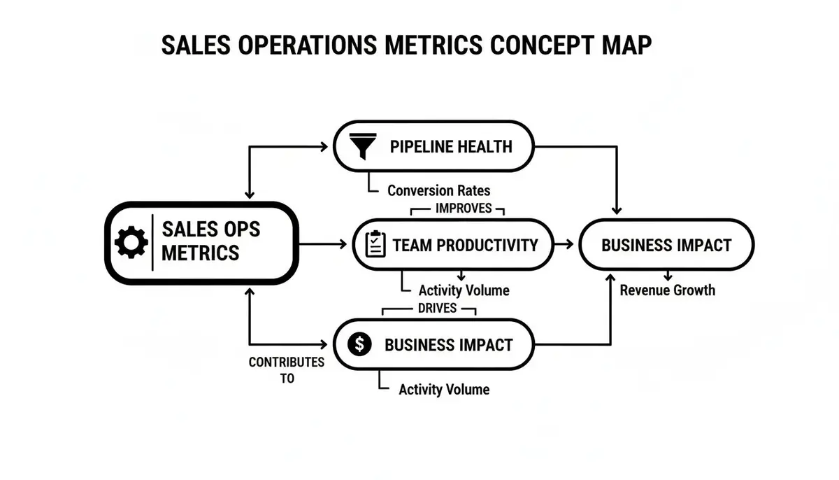 A concept map illustrating how sales operations metrics influence pipeline health, team productivity, and business impact, driving revenue growth.