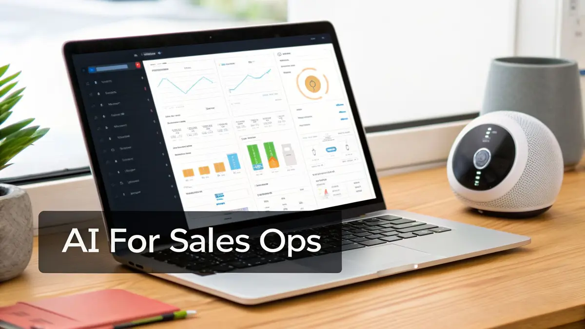 A laptop displaying an 'AI For Sales Ops' dashboard with charts and graphs on a wooden desk.