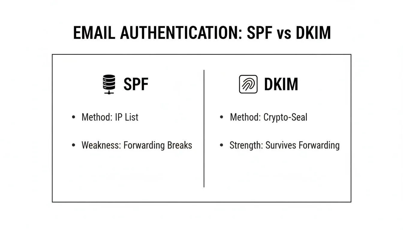 A visual comparison of SPF and DKIM email authentication, outlining their methods, weaknesses, and strengths.