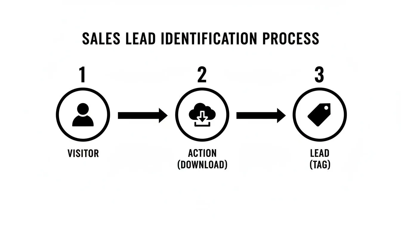 Diagram illustrating the sales lead identification process from visitor to lead through an action like download.